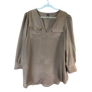 Khaki Tan Large V-Neck‎ Blouse With Utility Pockets Basic Classic Casual Modern